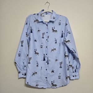 Van Laack Women’s Long Sleeve Button-Down Shirt Blue Stripe Circus Print L/XL